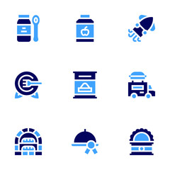 Food icon set. Bold style. Duotone colors. squid, oven, food truck, canned food, food tray , baby food , food , healthy food
