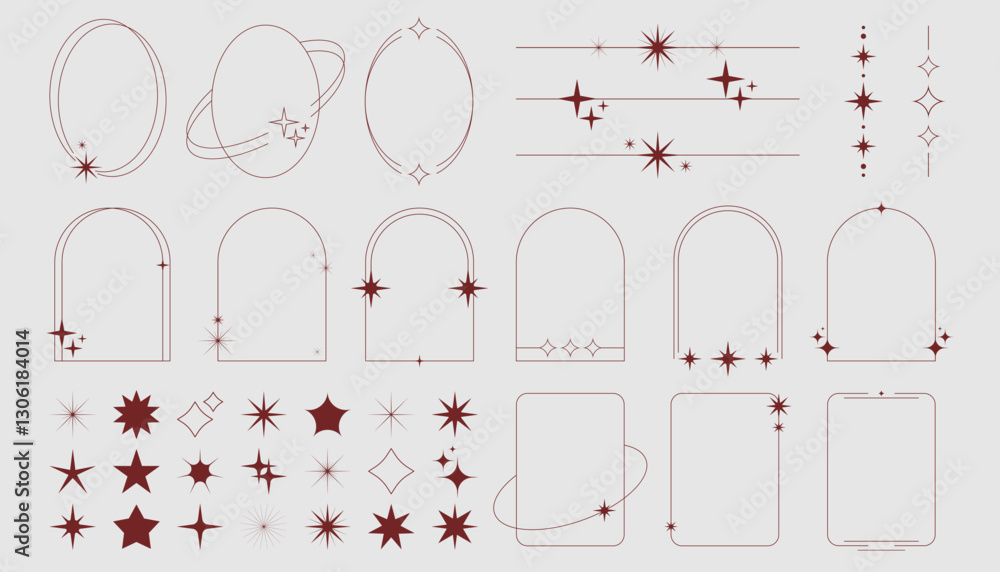 Poster y2k frame collection with star decorations and retro geometric borders in dark red. minimalist oval,