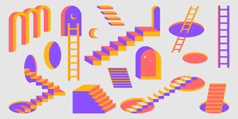Retro ladder and stairway with windows designs in bright coral, purple and yellow colors. Geometric portals with abstract steps creating surreal isometric patterns for modern nostalgic illustrations. © klyaksun