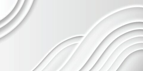 Neumorphism background with elegant curved white layers. Minimalist wavy pattern on light surface with soft shadows. Clean monochromatic design for modern ui, website header or presentation template.