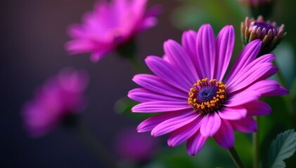 Obraz premium Vibrant purple Osteospermum blooms close-up, showcasing intricate details , vivid, wildflower, garden