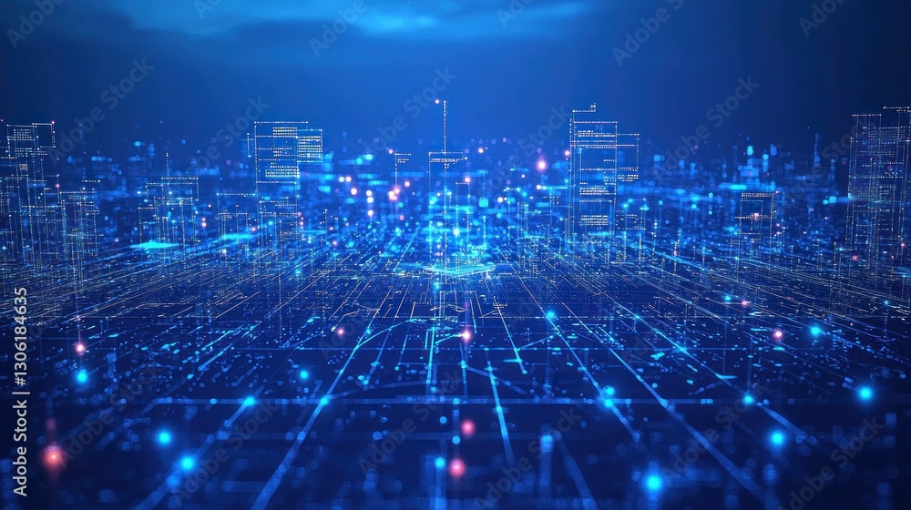 Aufkleber digital visualization represents a futuristic cityscape built on data lines
