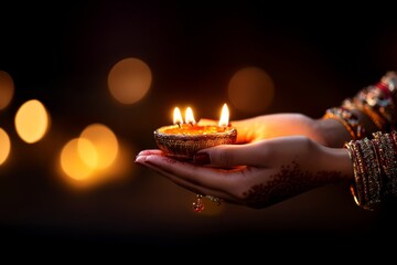 A close-up of hands lighting a diya, with glowing flames reflecting warmth and joy