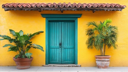 Fototapeta premium A tropical plant in a container, a lively wall, blue shutters, and an urban scene add charm to home decor