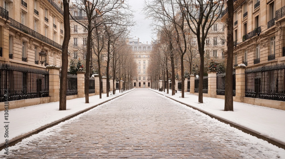 Poster snowy street in paris with elegant architecture and leafless trees