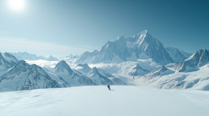 Skier descends snowy mountain peak, sunlit alpine panorama