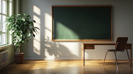 Sunlit classroom empty desk, chalkboard, plant,  morning light, education