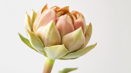 Pink artichoke blossom close-up, studio shot, white background, food/floral design