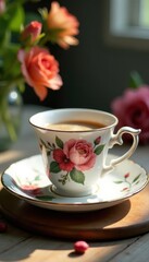 Fototapeta premium White teacup with intricate floral motif on matching saucer , floral design, cup