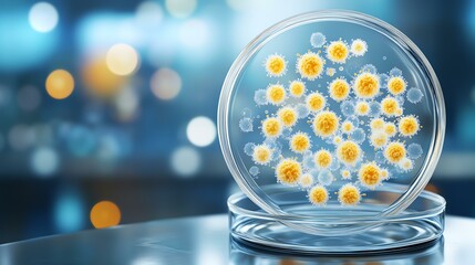 Petri dish with bacterial culture in bright light.