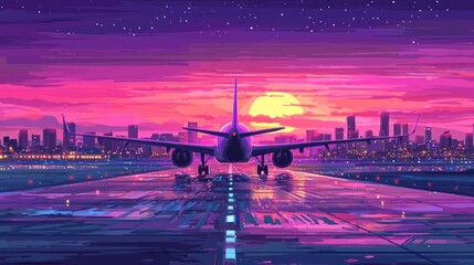 Fototapeta premium An airplane is taking off on a runway at sunset in the city