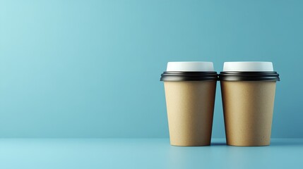 In a studio setting, a background of beverages features two disposable coffee cups in soft pastel shades