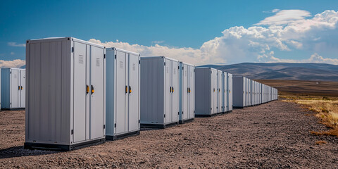 A row of white storage containers is set against a blue sky with clouds, surrounded by a barren landscape.