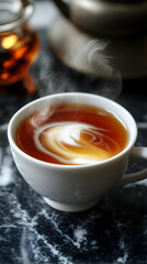 Aromatic indulgence, Steaming cup of tea with swirling cream perfection