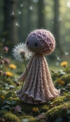 Obraz premium Adorable Yarn Doll in Forest Setting Holding Dandelion Whimsical Fairy Figurine in Nature