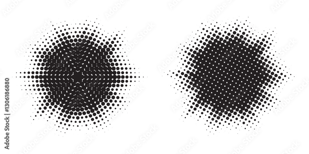 Aufkleber Set of black halftone grunge circle. Vector modern dots halftone arts. Halftone circle frame background set. Round border Icon using halftone random circle. Grunge circular stain. Vector illustration.