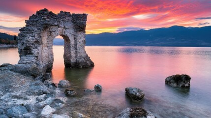 Scenic Sunset Over Ancient Arch Ruins by Calm Lake Waters