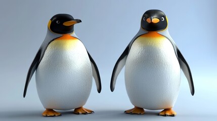 Fototapeta premium A studio photograph of two penguins, featuring a light blue backdrop, showcasing their cuteness in an animal illustration