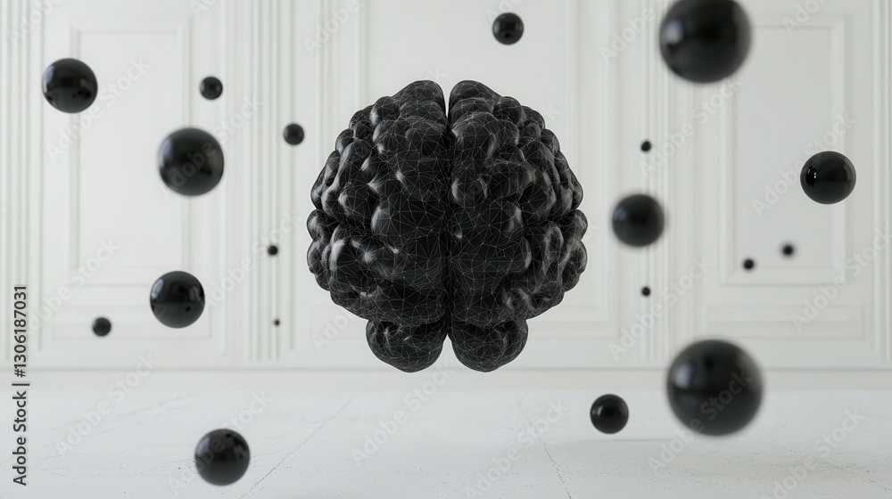 Poster abstract black brain design surrounded by floating spheres in space