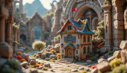 Charming Miniature House in a Stone Ruin Setting Fairytale Cottage with Flag