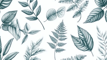 Teal leaf sketch pattern, botanical illustration, white background, design textile