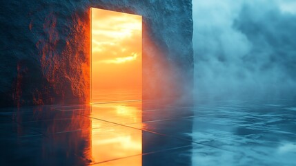 Mysterious doorway glows warmly reflecting vibrant sunset light onto wet floor surreal scene. AI Generated