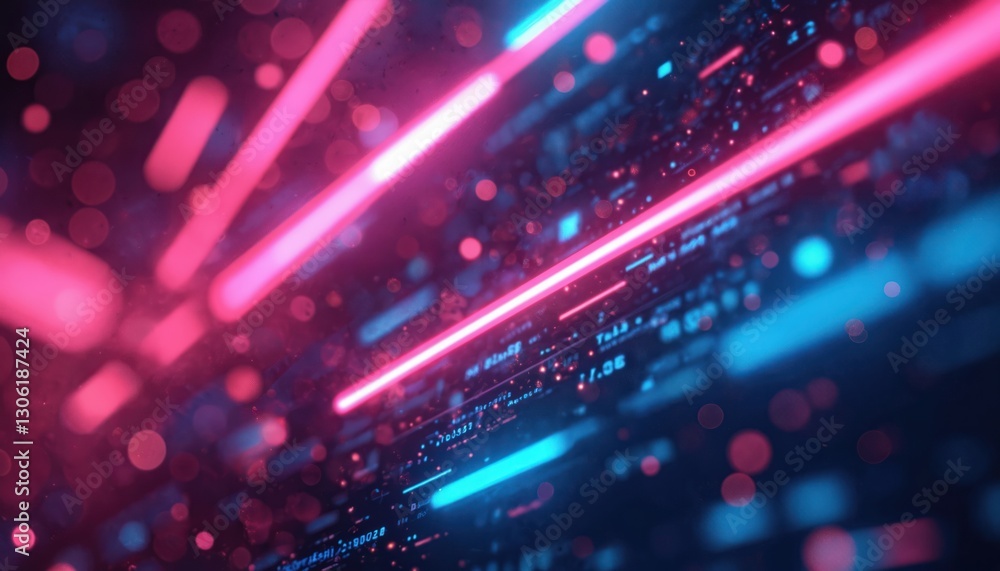 Poster abstract digital art featuring pink and blue neon glowing lines, white dots. futuristic cyberpunk ae