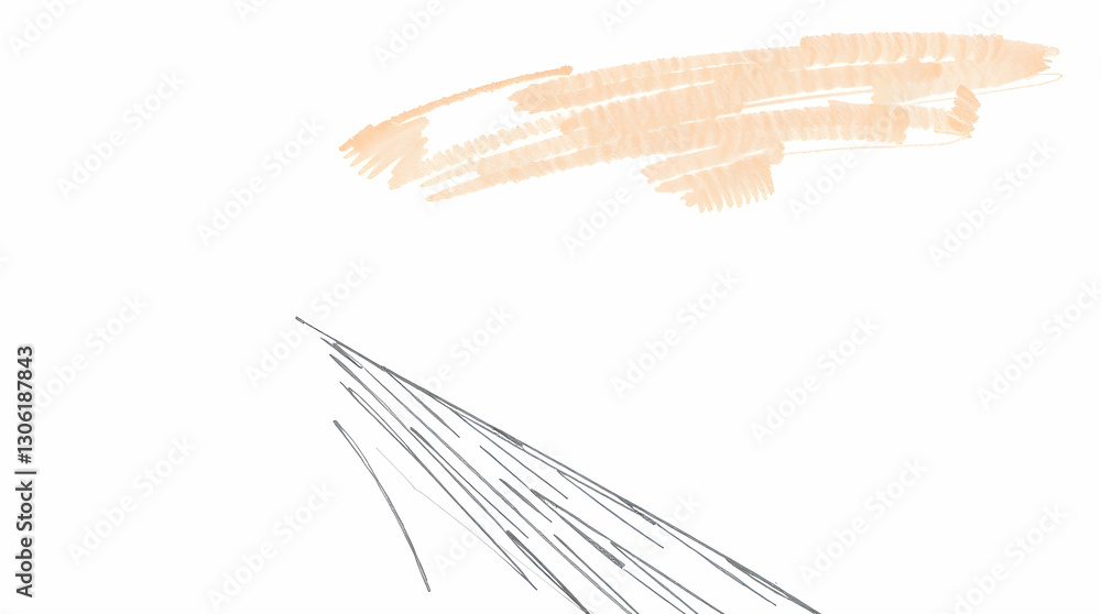 Poster simple drawing with a peach-colored brush stroke and a cluster of gray lines, isolated on a white ba