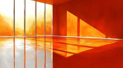 Obraz premium Warm sunlight streams into modern orange room reflecting brightly on polished floor. AI Generated