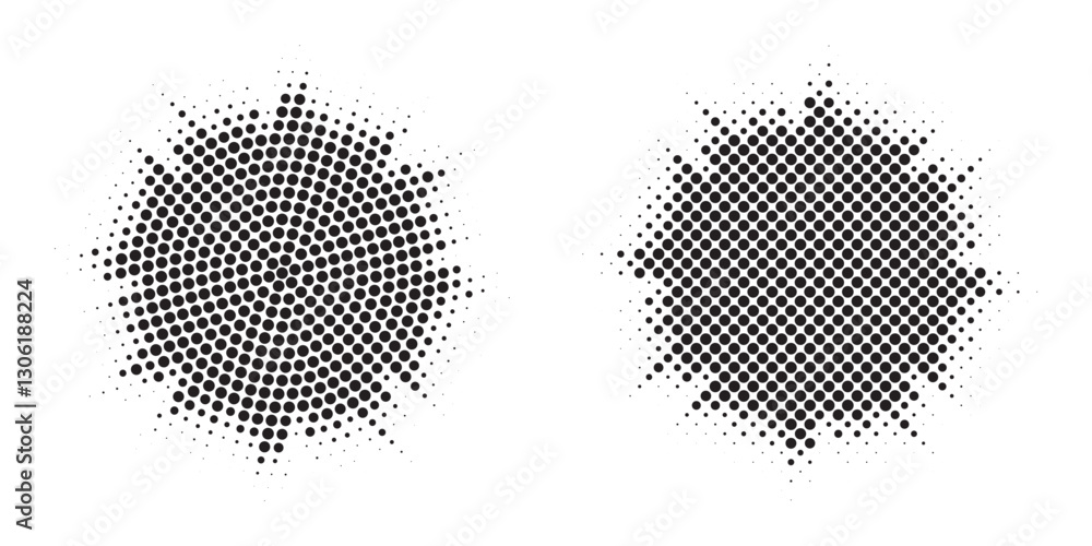 Aufkleber Set of black halftone grunge circle. Vector modern dots halftone arts. Halftone circle frame background set. Round border Icon using halftone random circle. Grunge circular stain. Vector illustration.