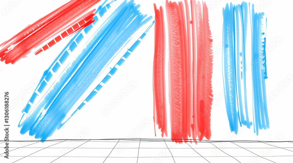 Poster a digital sketch with red and blue brush strokes against a white background, featuring a faint grid 