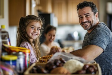 A father and daughter pack food baskets to donate to the less fortunate. They carefully arrange dates, rice, and canned goods with a smile.