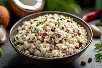 Authentic dominican moro de guandules dish in rustic bowl close up shot