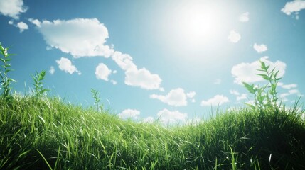 Fototapeta premium Sunny meadow landscape, grass blowing gently, blue sky, clouds, nature background, website banner