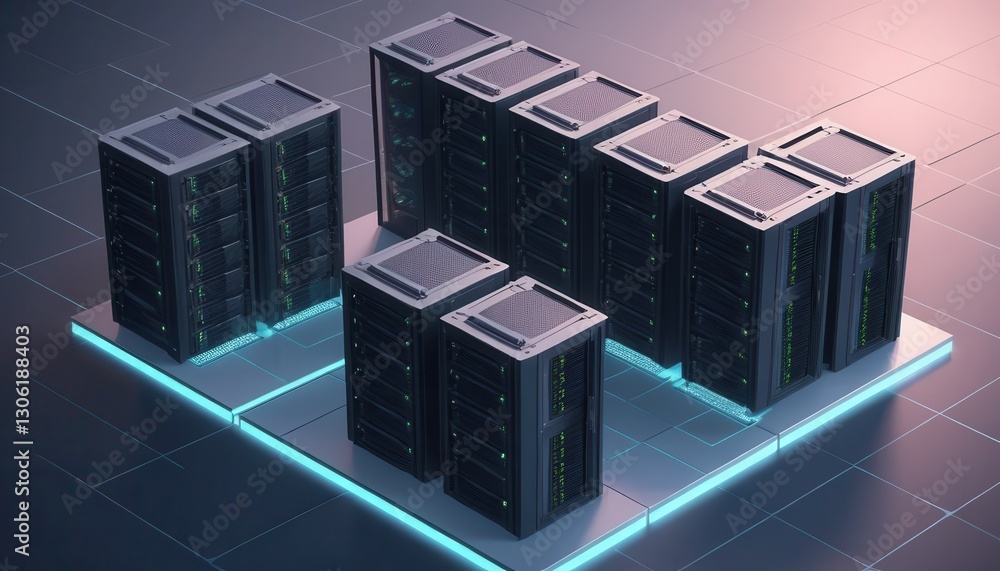 Poster high-technology data center setup with multiple server racks in a modern office environment featurin