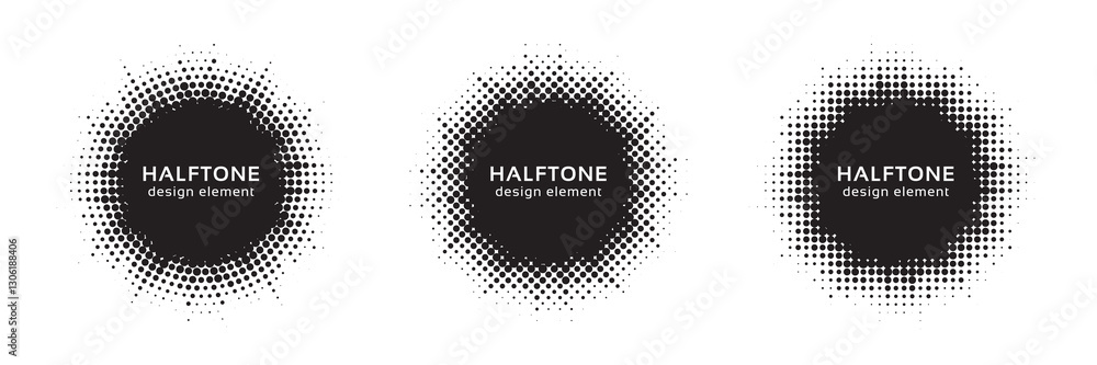 Aufkleber Set of black halftone grunge circle. Vector modern dots halftone arts. Halftone circle frame background set. Round border Icon using halftone random circle. Grunge circular stain. Vector illustration.