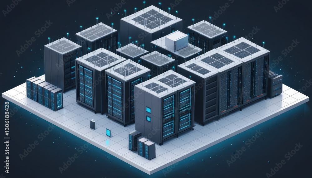 Poster modern data center visualization with server racks, storage units, and network devices in a futurist