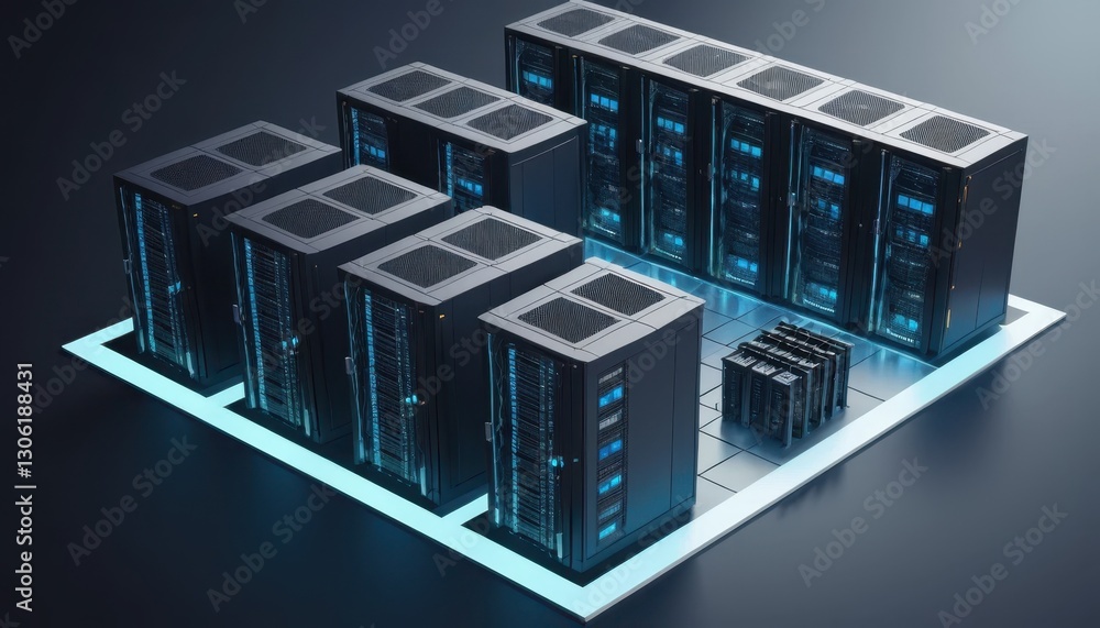 Poster high-tech data center with multiple server racks and blue lighting featuring innovative digital infr