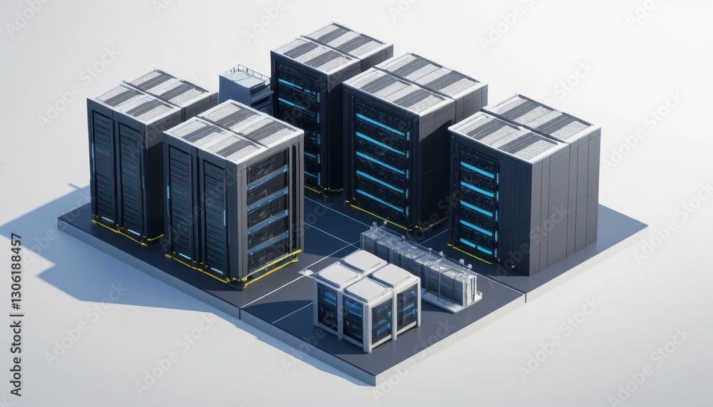 Poster modern data center complex with multiple server racks and cooling units in a high-tech urban environ
