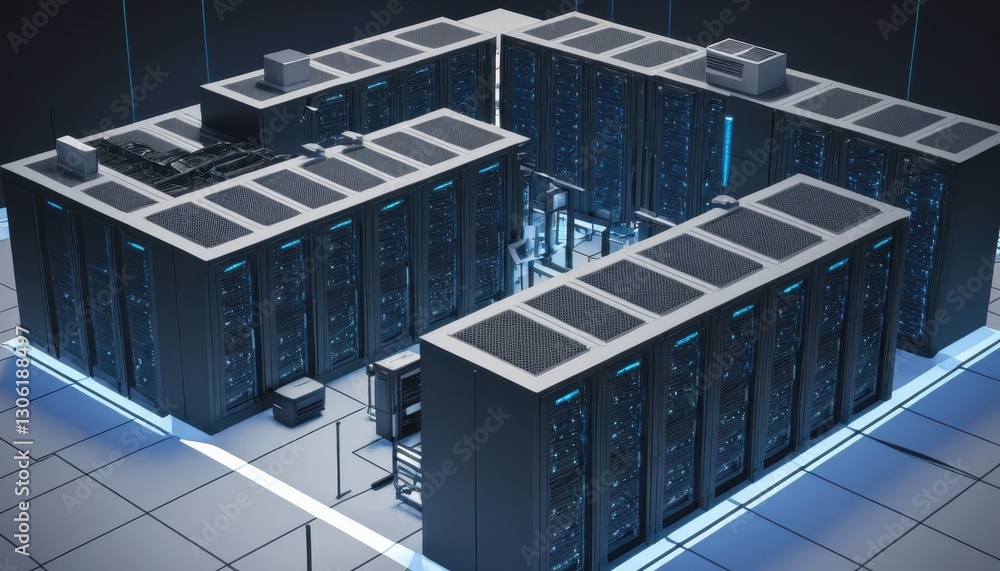 Poster modern data center with rows of server racks and advanced technology for data storage and processing