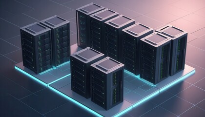 High-Technology Data Center Setup with Multiple Server Racks in a Modern Office Environment Featuring Neon Accents and Illuminated Floor Tiles