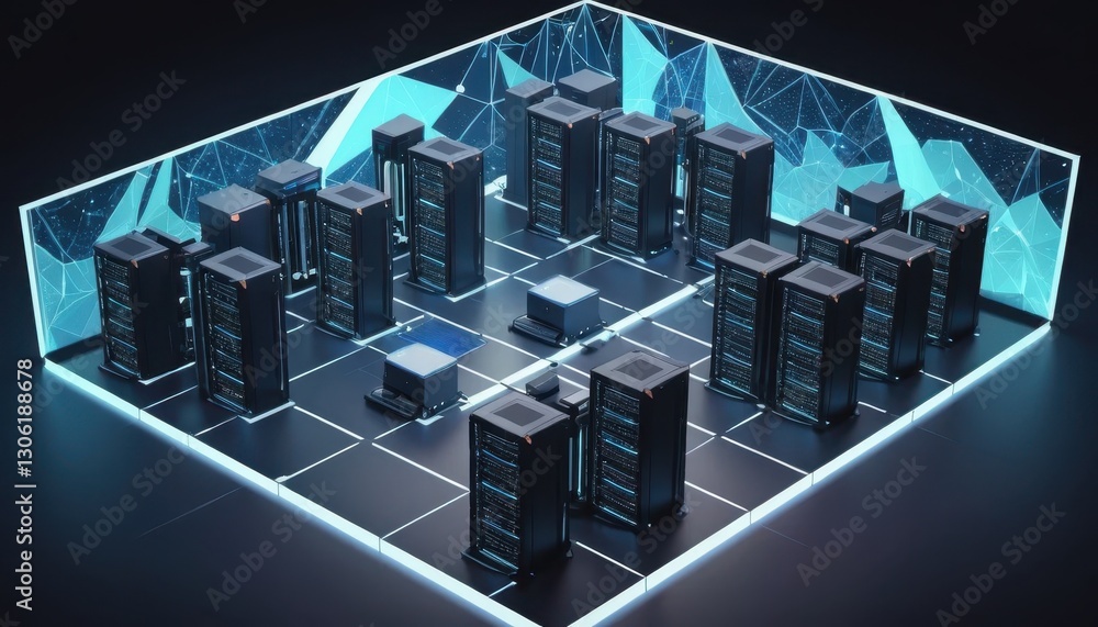 Poster modern data center environment with numerous server racks and futuristic geometric background, illus