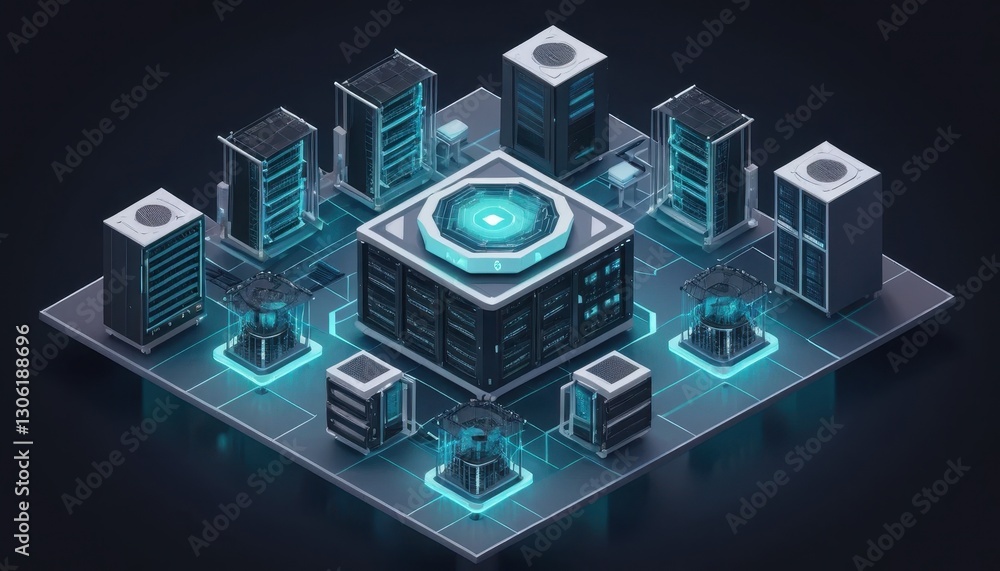 Poster futuristic data center and server farm with advanced technology and digital circuits in a nighttime 