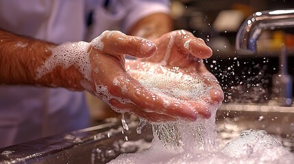 Fototapeta premium Doctor washing hands in surgical scrub room medical setting hygiene focus clean environment close-up view infection control concept