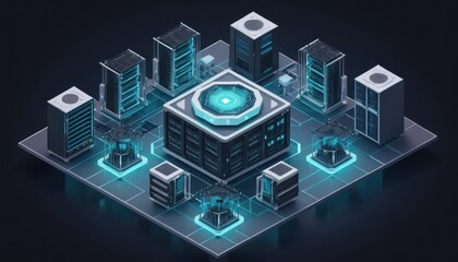 Futuristic Data Center and Server Farm with Advanced Technology and Digital Circuits in a Nighttime Setting