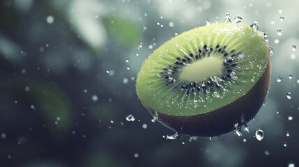 Juicy kiwi slice splashing, water droplets, dark background, food advertising