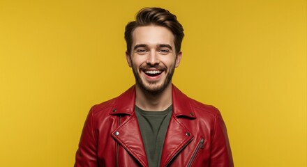 Obraz premium Happy man in red leather jacket.