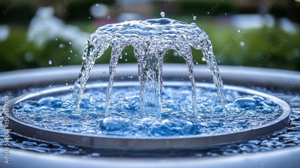 Poster in the night, water streams into a basin against a backdrop of bokeh