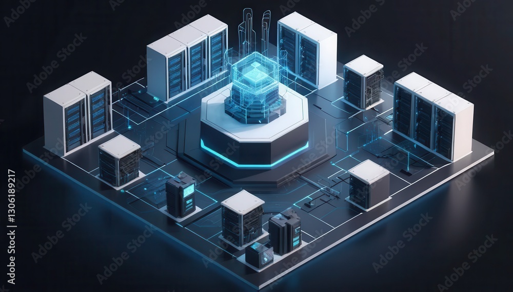 Poster futuristic data center concept with servers and high-tech infrastructure, digital network architectu