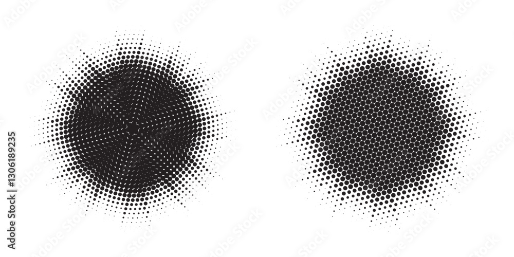 Aufkleber Set of black halftone grunge circle. Vector modern dots halftone arts. Halftone circle frame background set. Round border Icon using halftone random circle. Grunge circular stain. Vector illustration.